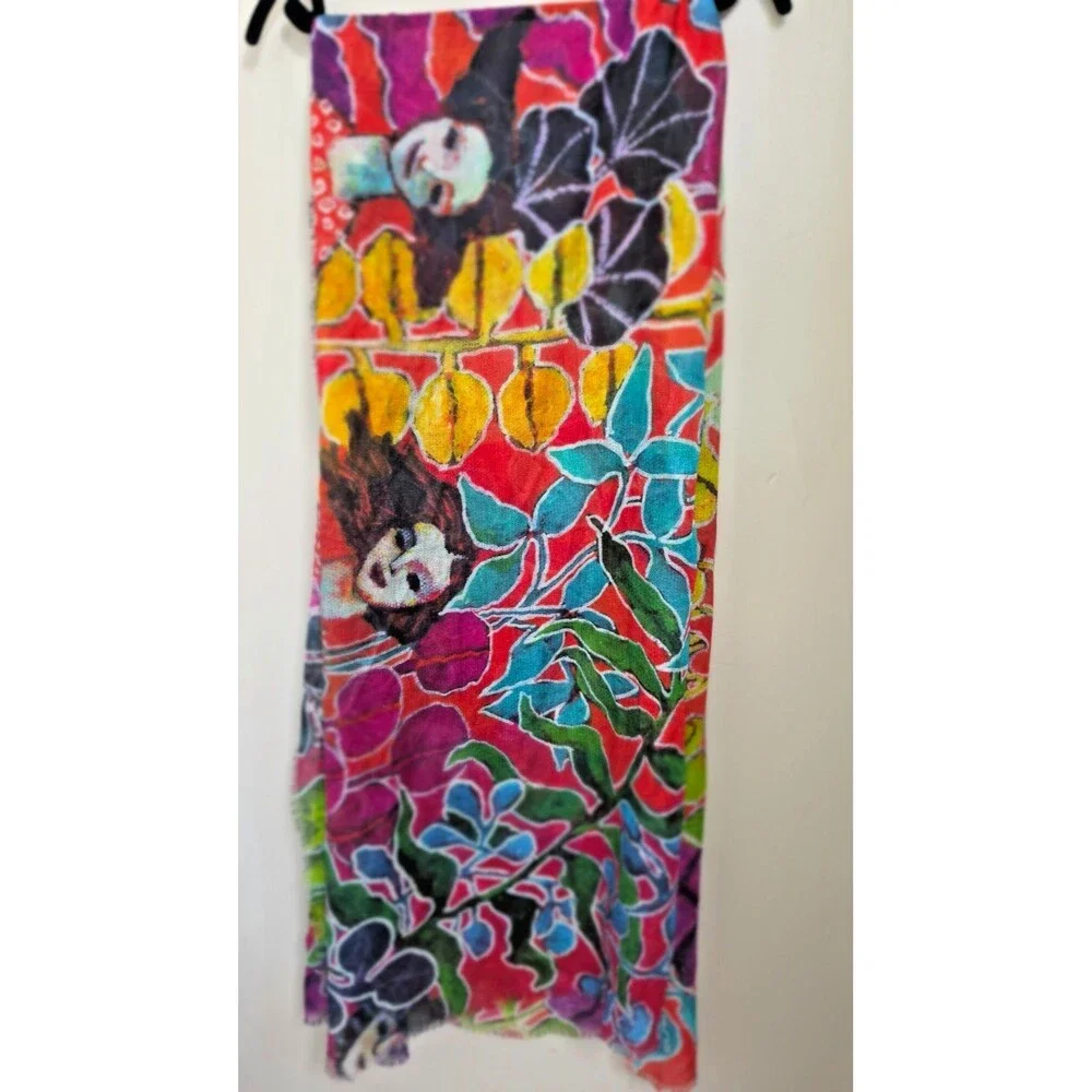 OAK KUNA Peru Baby Alpaca Silk Shawl Artist Signed Floral Wrap Wearable Art NWOT